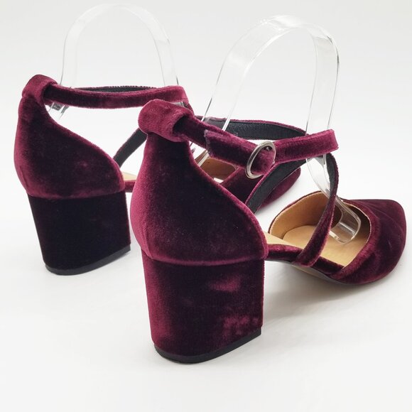 Garnet Hill Esta Crossover Strap Block Heels Burgundy Velvet Size 38 Pointy Toe - Picture 9 of 16